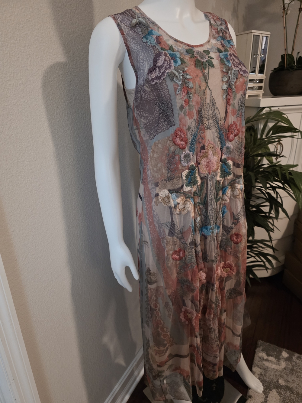 Johnny Was Floral Embroidered Sleeveless Mesh Dress - Multicolor Size M - Picture 8 of 12
